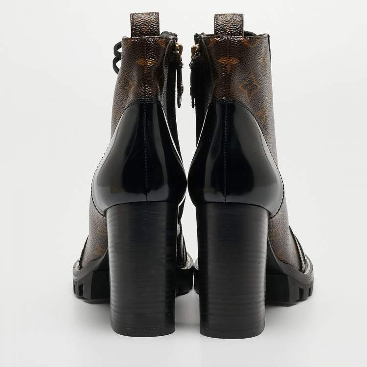 Pre Owned Louis Vuitton Black/Brown Patent Leather and Monogram Canvas Star Trail Boots Size 40