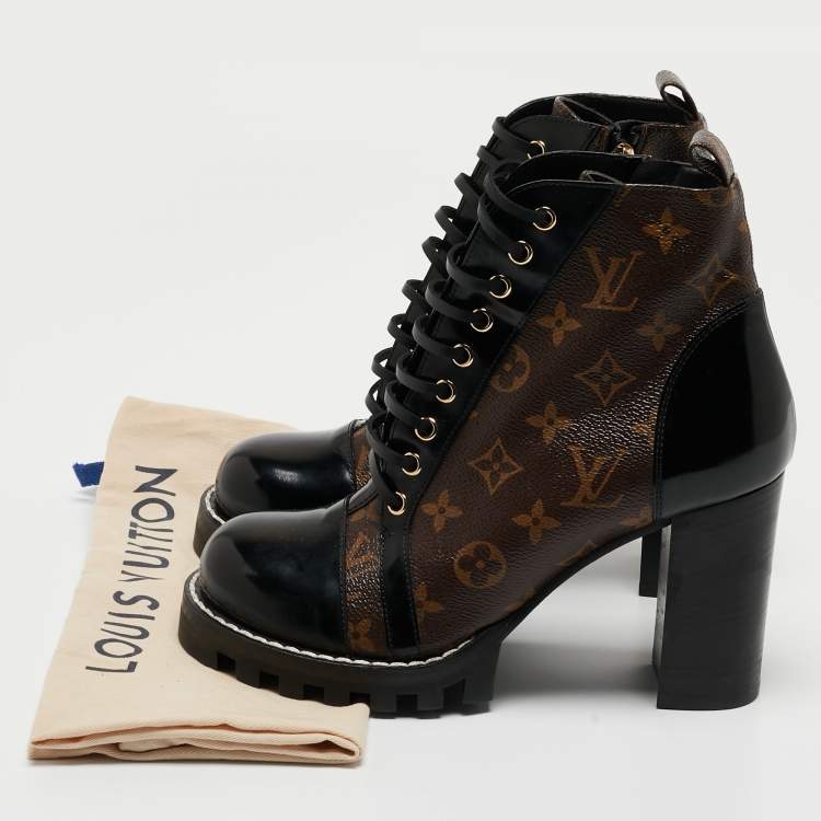 Pre Owned Louis Vuitton Black/Brown Patent Leather and Monogram Canvas Star Trail Boots Size 40