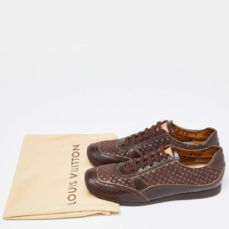 Pre Owned Louis Vuitton Brown Monogram Print Fabric and Embossed Snakeskin Low Top Sneakers Size 38.5