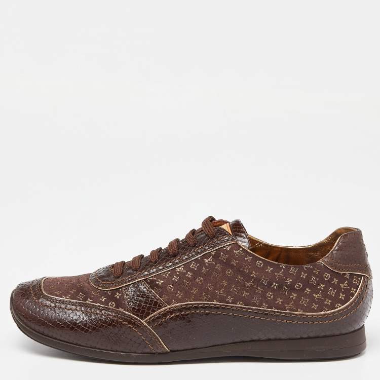 Pre Owned Louis Vuitton Brown Monogram Print Fabric and Embossed Snakeskin Low Top Sneakers Size 38.5
