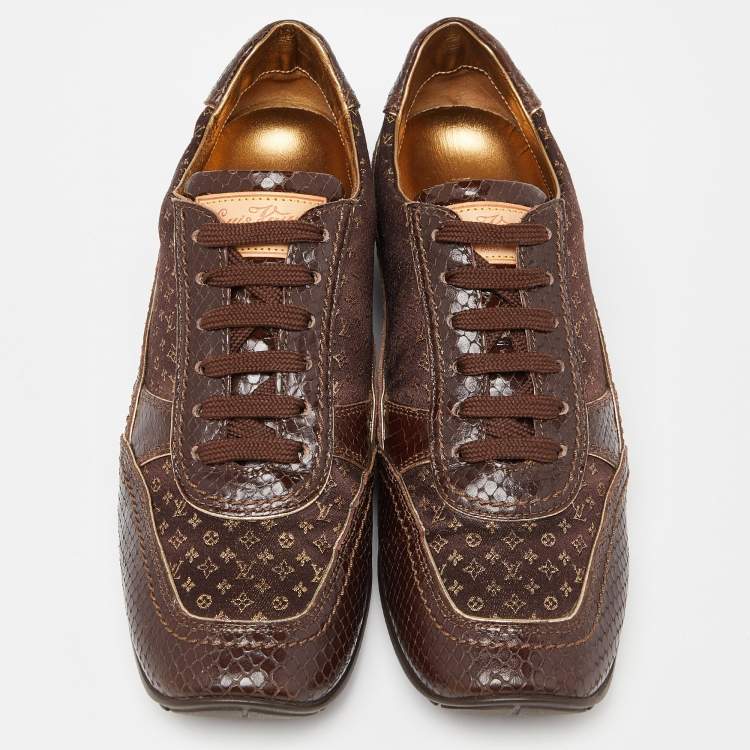 Pre Owned Louis Vuitton Brown Monogram Print Fabric and Embossed Snakeskin Low Top Sneakers Size 38.5