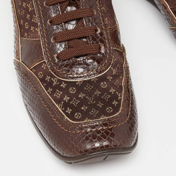 Pre Owned Louis Vuitton Brown Monogram Print Fabric and Embossed Snakeskin Low Top Sneakers Size 38.5