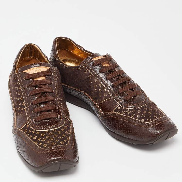 Pre Owned Louis Vuitton Brown Monogram Print Fabric and Embossed Snakeskin Low Top Sneakers Size 38.5