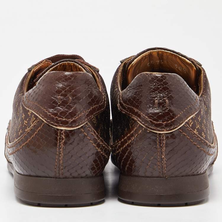 Pre Owned Louis Vuitton Brown Monogram Print Fabric and Embossed Snakeskin Low Top Sneakers Size 38.5