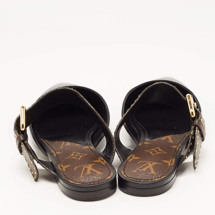 Pre Owned Louis Vuitton Black/Brown Monogram Canvas and Leather Buckle Mules Size 38 