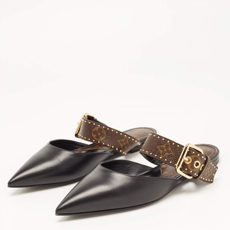Pre Owned Louis Vuitton Black/Brown Monogram Canvas and Leather Buckle Mules Size 38 