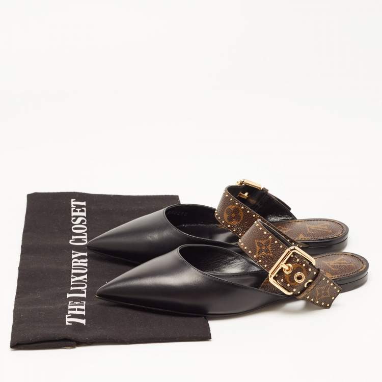 Pre Owned Louis Vuitton Black/Brown Monogram Canvas and Leather Buckle Mules Size 38 