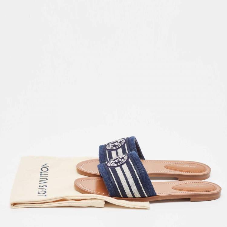 Pre Owned Louis Vuitton Navy Blue Canvas Lock It Flat Slides Size 39