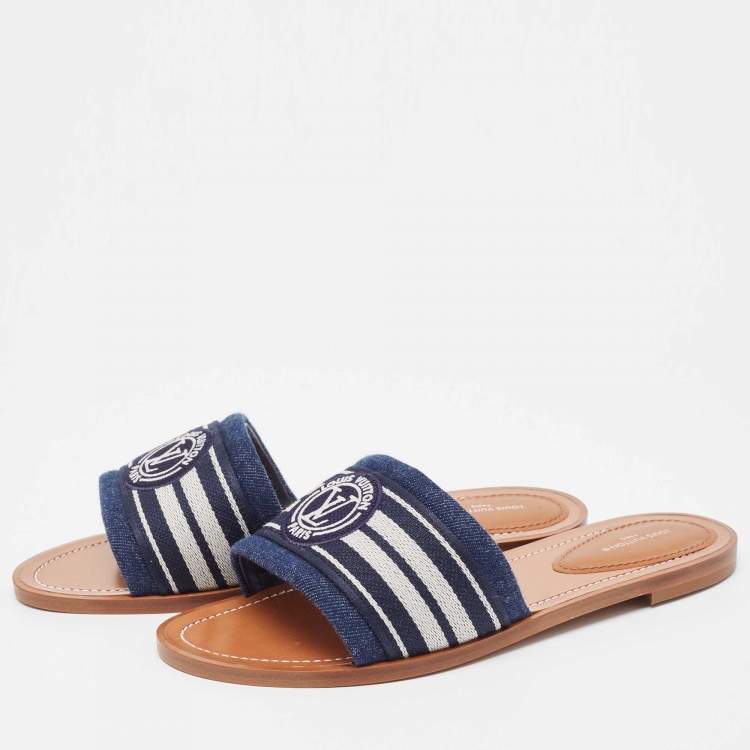Pre Owned Louis Vuitton Navy Blue Canvas Lock It Flat Slides Size 39