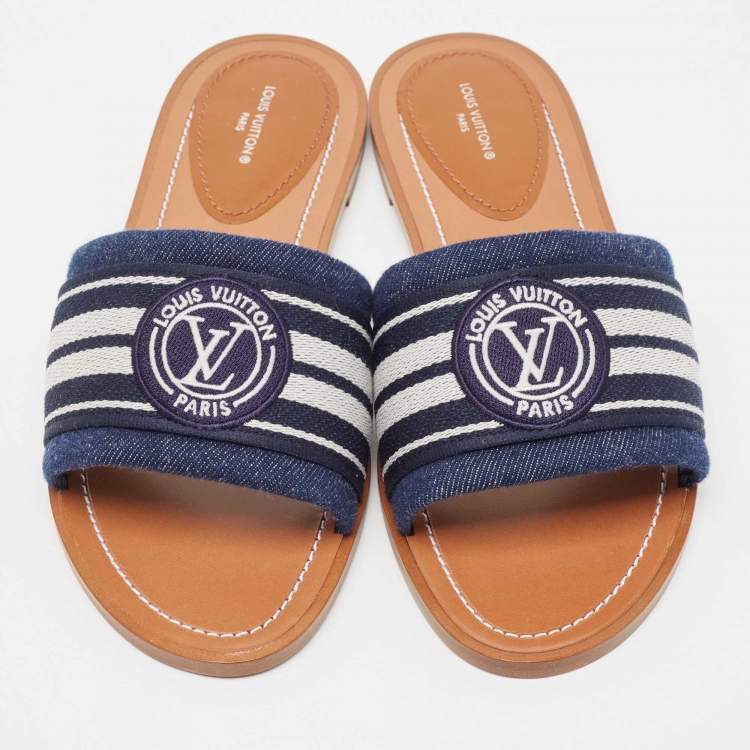 Pre Owned Louis Vuitton Navy Blue Canvas Lock It Flat Slides Size 39