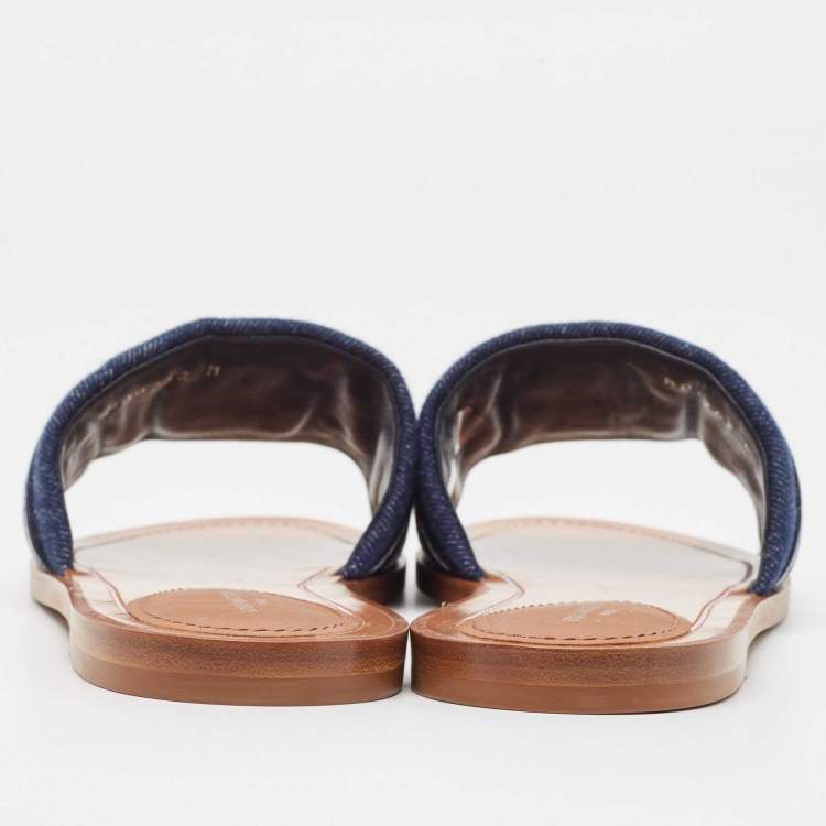 Pre Owned Louis Vuitton Navy Blue Canvas Lock It Flat Slides Size 39
