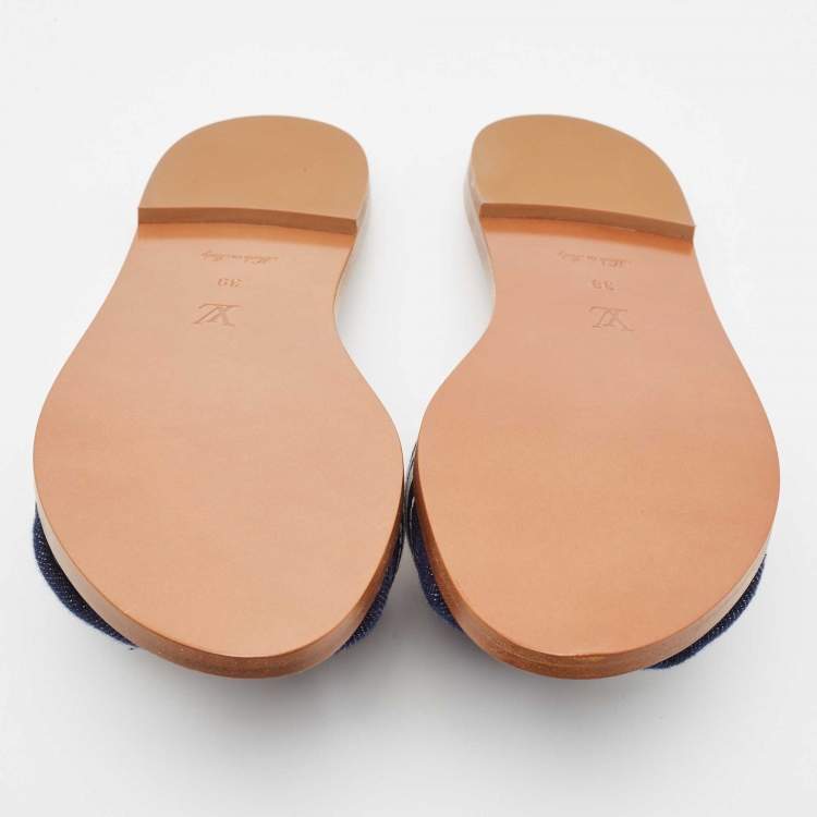 Pre Owned Louis Vuitton Navy Blue Canvas Lock It Flat Slides Size 39