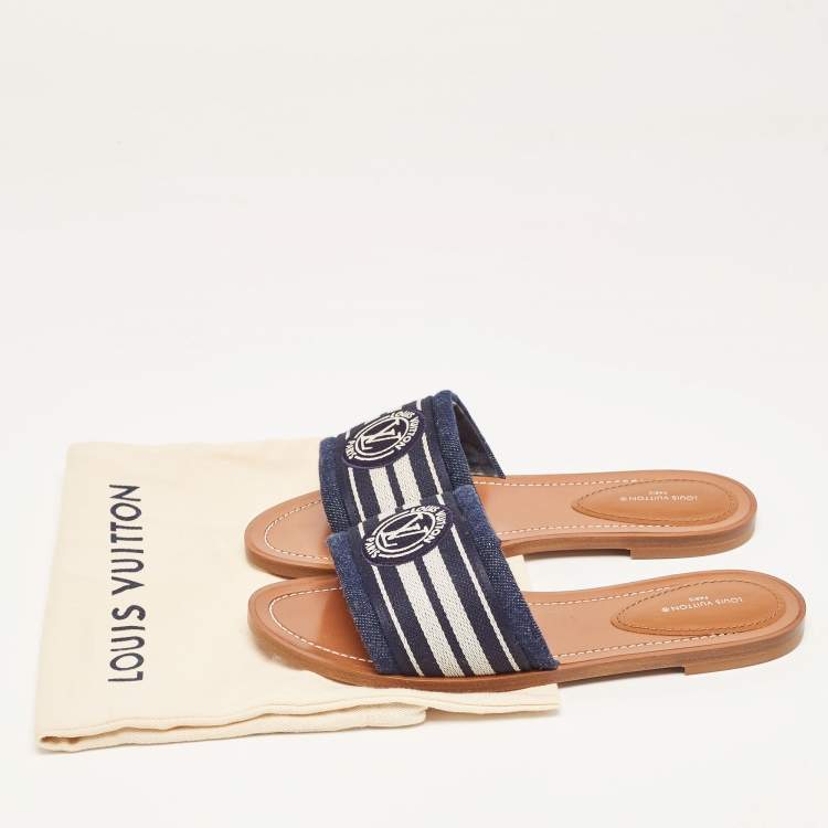 Pre Owned Louis Vuitton Navy Blue/White Canvas Lock It Flat Slides Size 37