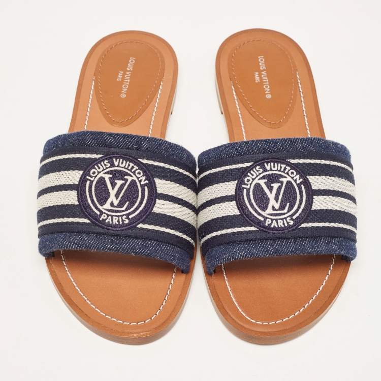 Pre Owned Louis Vuitton Navy Blue/White Canvas Lock It Flat Slides Size 37