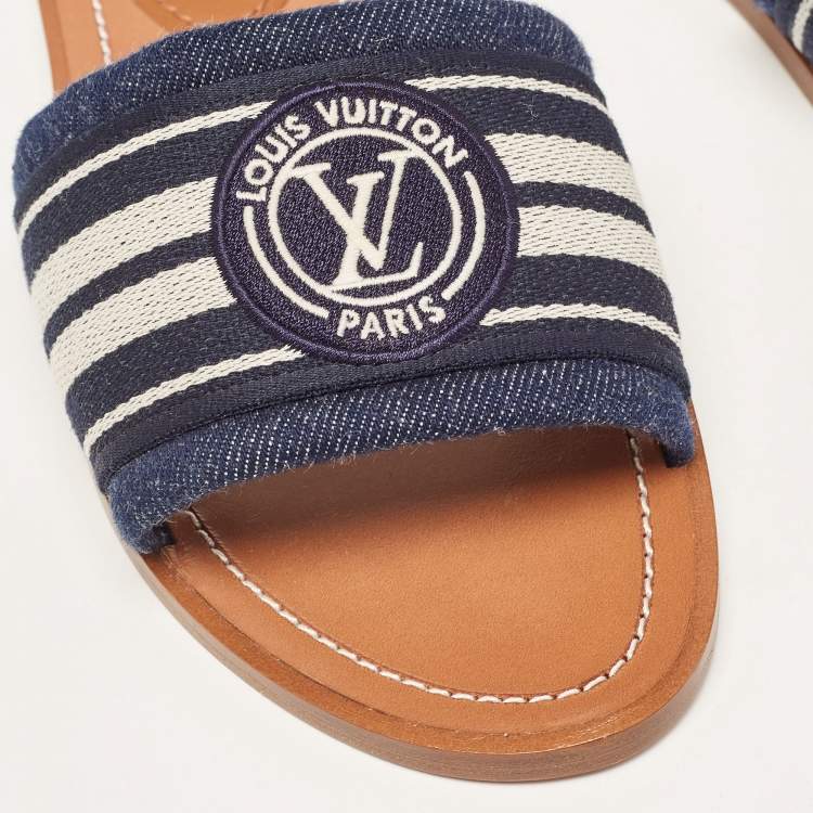 Pre Owned Louis Vuitton Navy Blue/White Canvas Lock It Flat Slides Size 37