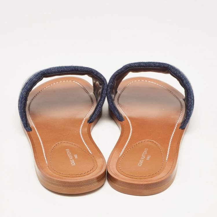 Pre Owned Louis Vuitton Navy Blue/White Canvas Lock It Flat Slides Size 37
