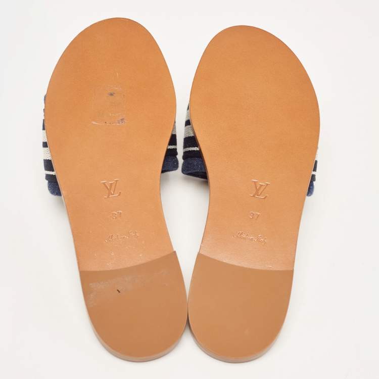 Pre Owned Louis Vuitton Navy Blue/White Canvas Lock It Flat Slides Size 37