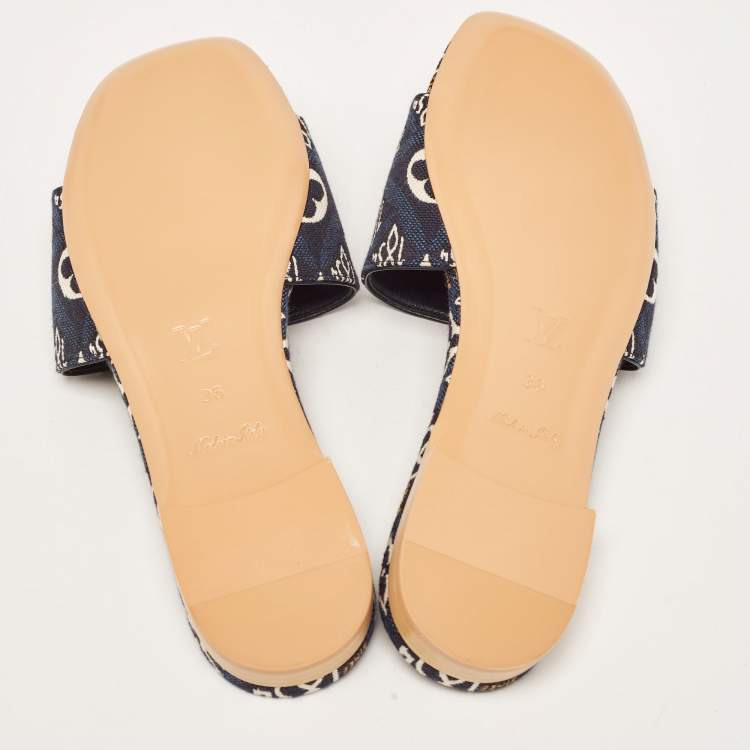 Pre Owned Louis Vuitton Navy Blue Denim Flat Slides Size 36