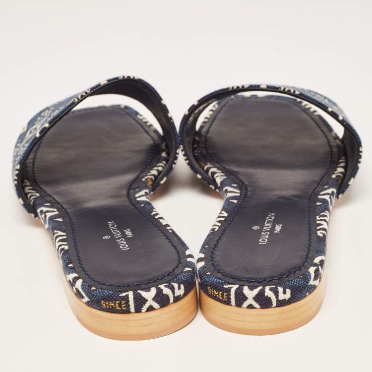 Pre Owned Louis Vuitton Navy Blue Denim Flat Slides Size 36