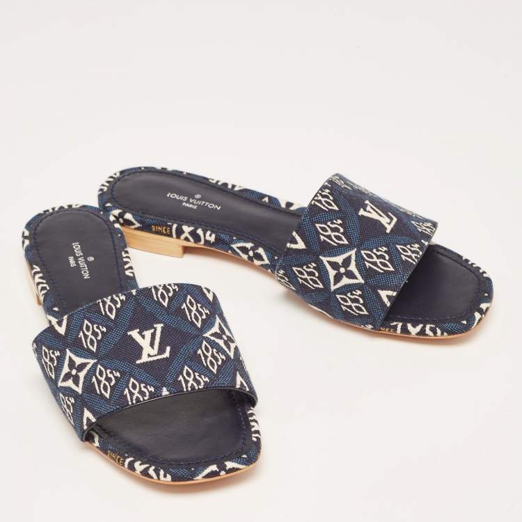 Pre Owned Louis Vuitton Navy Blue Denim Flat Slides Size 36