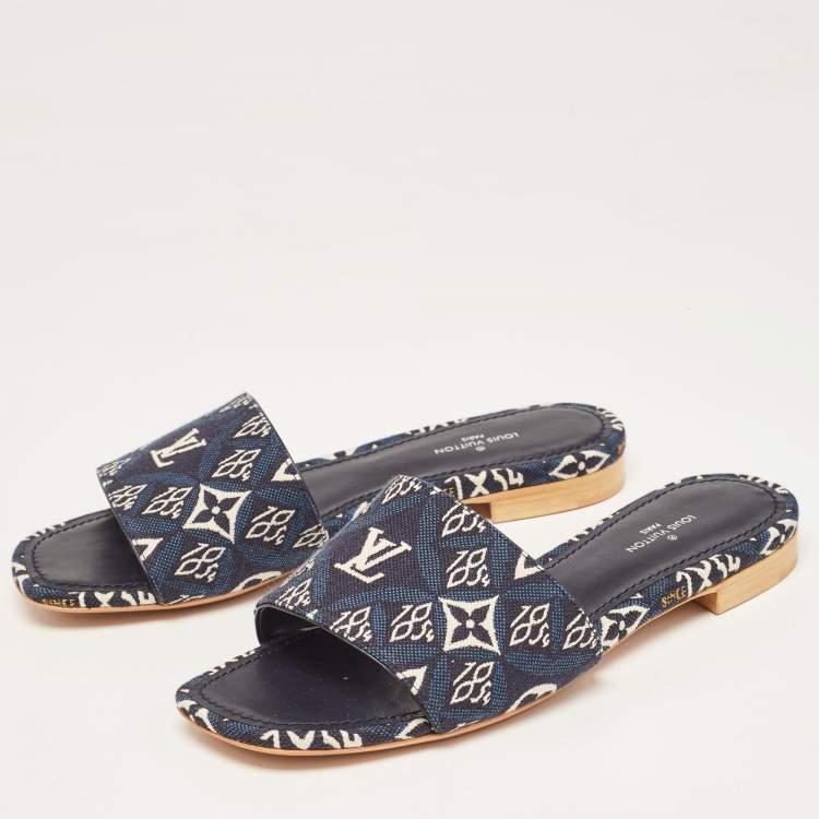 Pre Owned Louis Vuitton Navy Blue Denim Flat Slides Size 36
