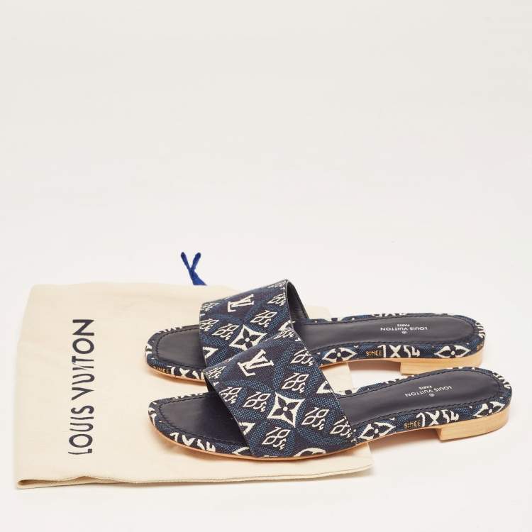 Pre Owned Louis Vuitton Navy Blue Denim Flat Slides Size 36