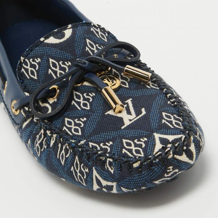 Pre Owned Louis Vuitton Navy Blue Leather and Denim Gloria  Loafers Size 36