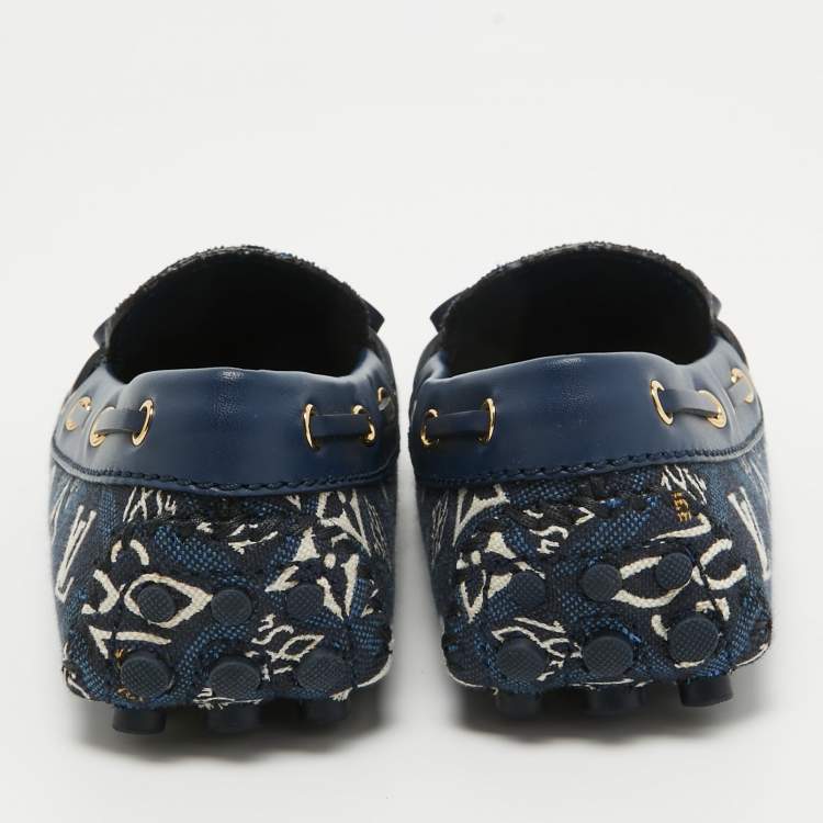 Pre Owned Louis Vuitton Navy Blue Leather and Denim Gloria  Loafers Size 36