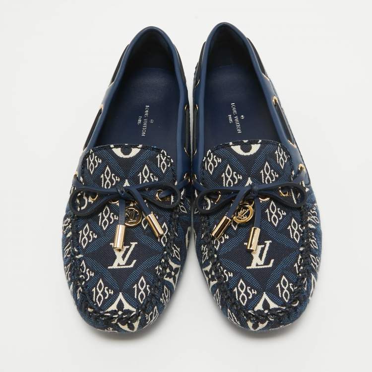 Pre Owned Louis Vuitton Navy Blue Leather and Denim Gloria  Loafers Size 36