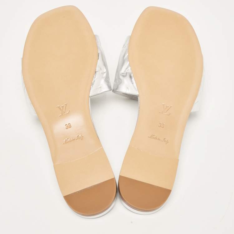 Pre Owned Louis Vuitton Silver Monogram Embossed Leather Revival Flat Slides Size 38