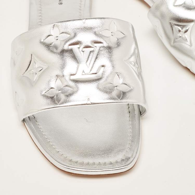 Pre Owned Louis Vuitton Silver Monogram Embossed Leather Revival Flat Slides Size 38