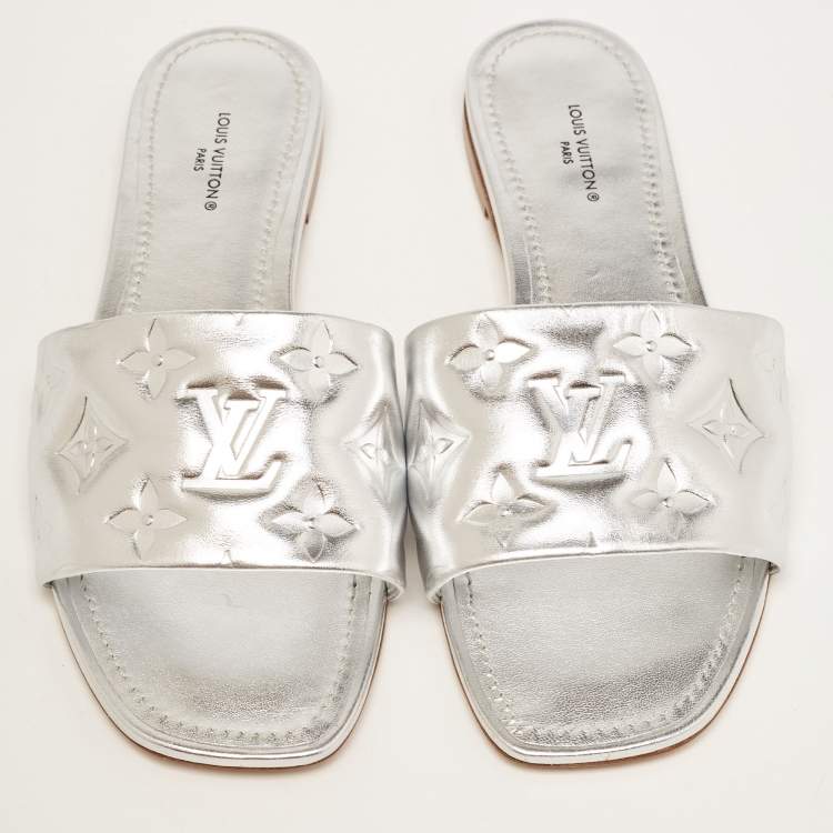 Pre Owned Louis Vuitton Silver Monogram Embossed Leather Revival Flat Slides Size 38