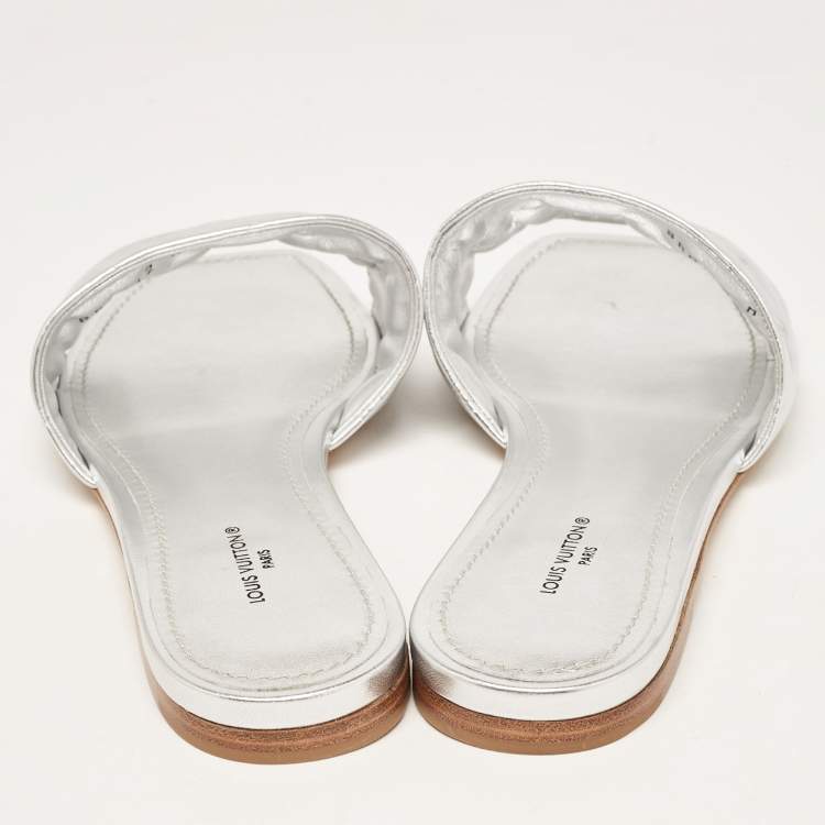 Pre Owned Louis Vuitton Silver Monogram Embossed Leather Revival Flat Slides Size 38