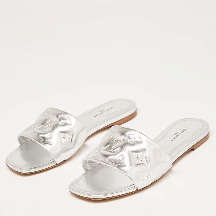 Pre Owned Louis Vuitton Silver Monogram Embossed Leather Revival Flat Slides Size 37
