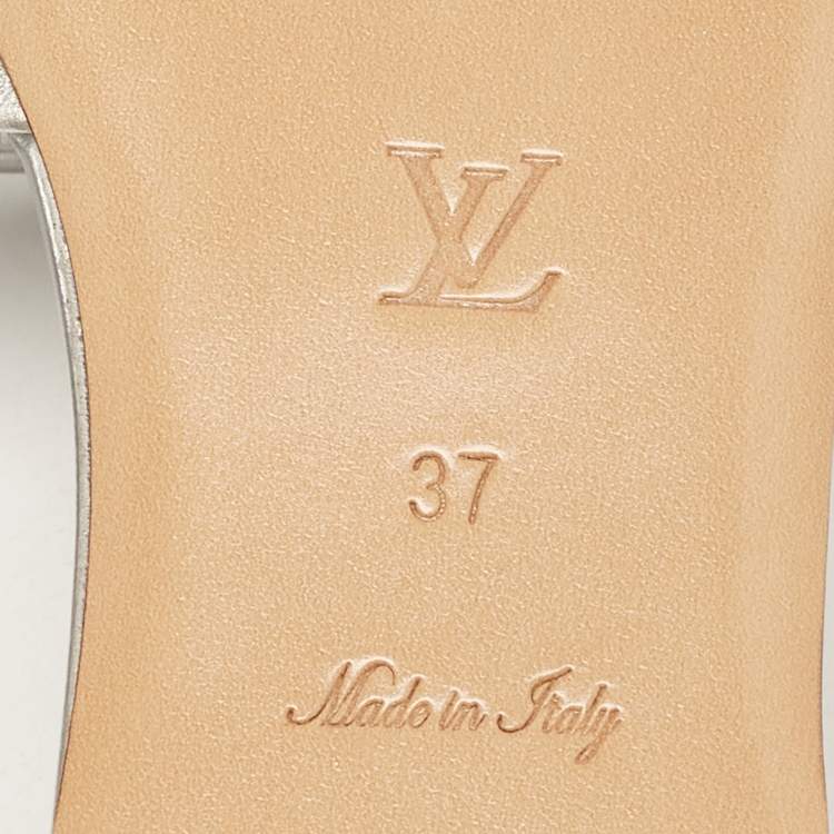 Pre Owned Louis Vuitton Silver Monogram Embossed Leather Revival Flat Slides Size 37
