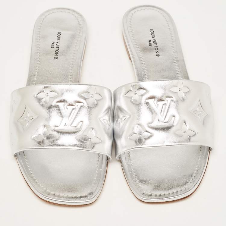 Pre Owned Louis Vuitton Silver Monogram Embossed Leather Revival Flat Slides Size 37