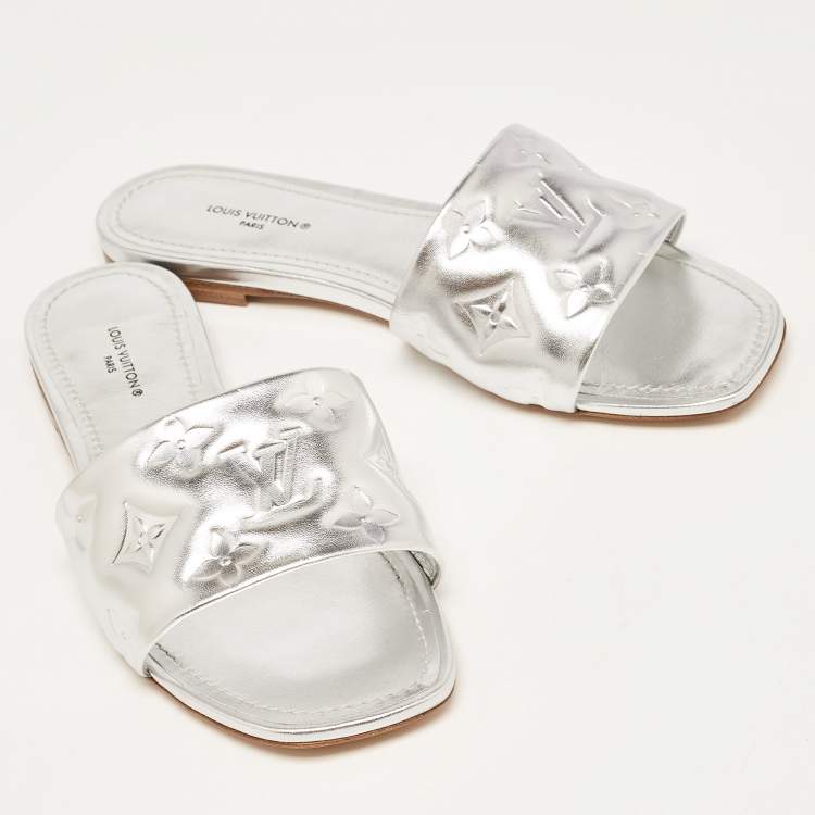 Pre Owned Louis Vuitton Silver Monogram Embossed Leather Revival Flat Slides Size 37