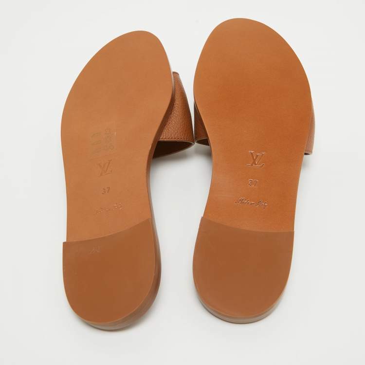 Pre Owned Louis Vuitton Tan Leather Lock It Flat Slides Size 37