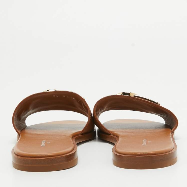 Pre Owned Louis Vuitton Tan Leather Lock It Flat Slides Size 37