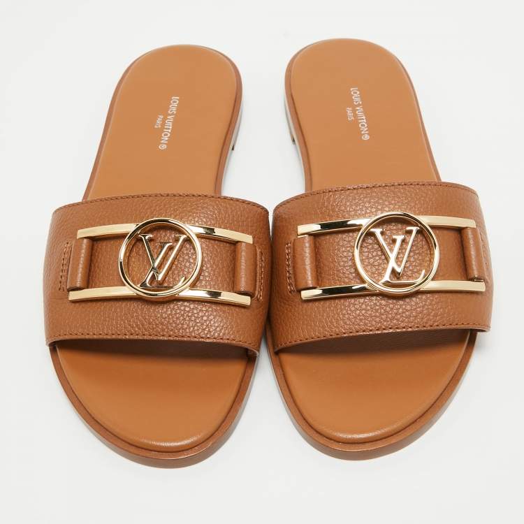 Pre Owned Louis Vuitton Tan Leather Lock It Flat Slides Size 37