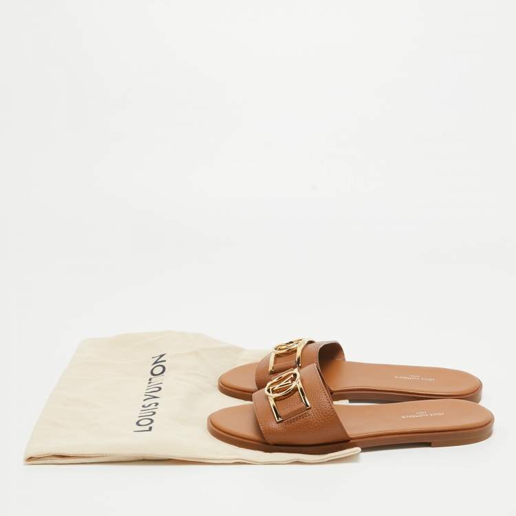 Pre Owned Louis Vuitton Tan Leather Lock It Flat Slides Size 37
