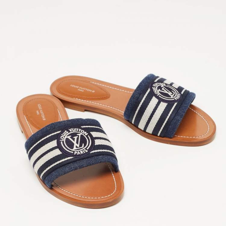 Pre Owned Louis Vuitton Navy Blue/White Canvas Lock It Flat Slides Size 37