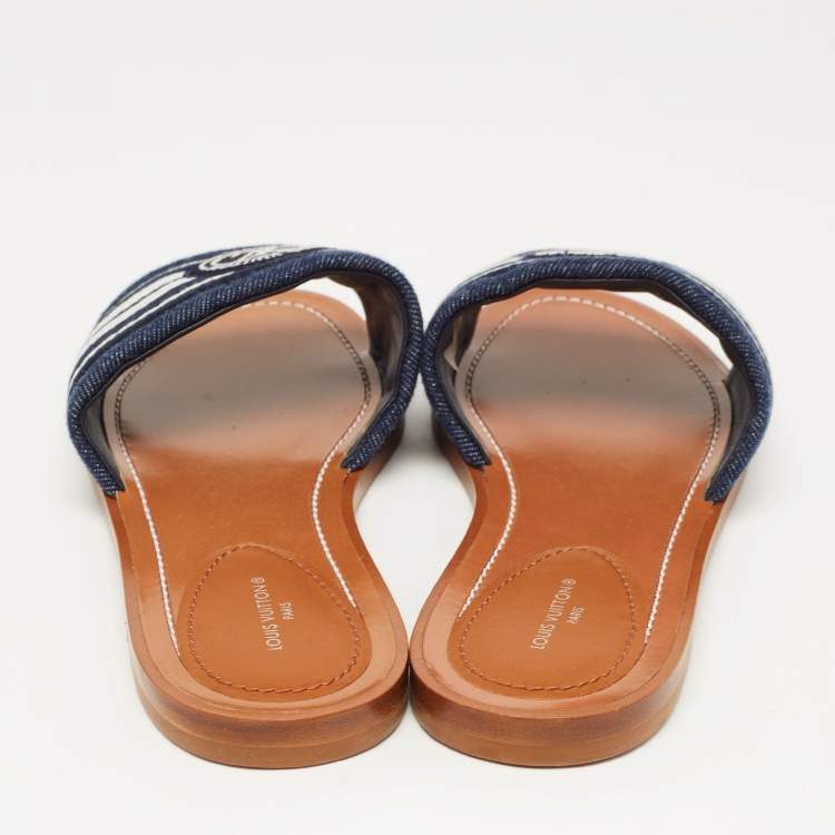 Pre Owned Louis Vuitton Navy Blue/White Canvas Lock It Flat Slides Size 37