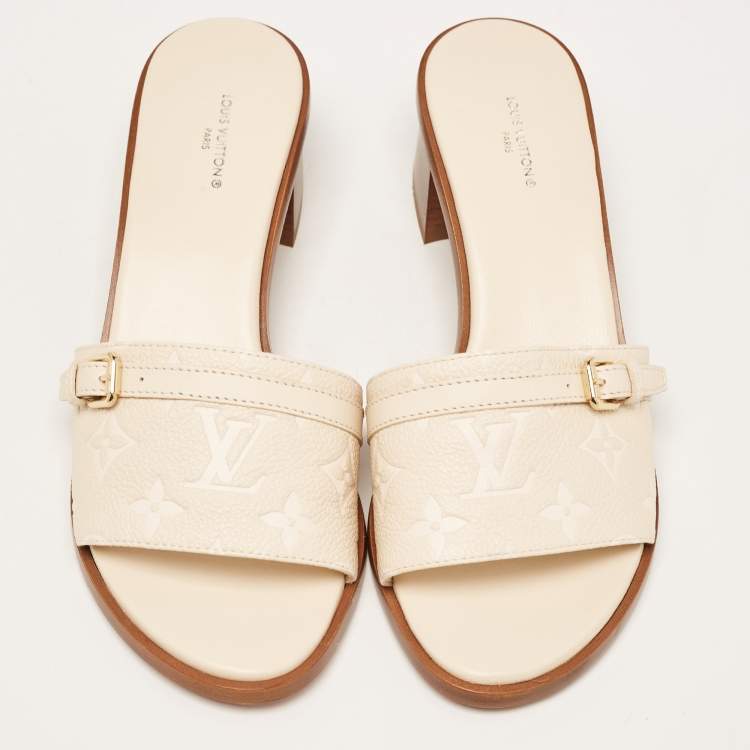 Pre Owned Louis Vuitton Cream Monogram Leather Slide Sandals Size 38