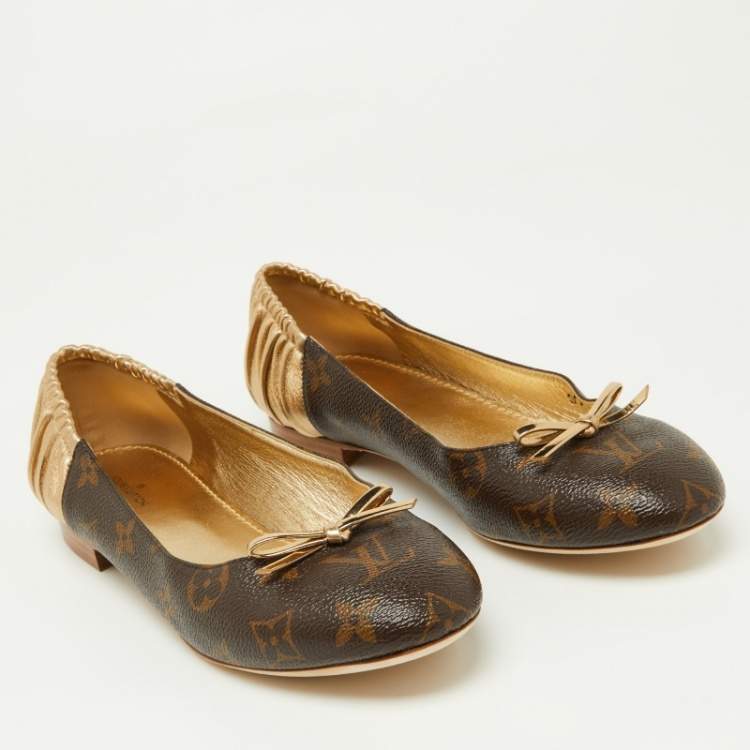 Pre Owned Louis Vuitton Gold/Brown Leather and Monogram Canvas Joy Ballet Flats Size 38