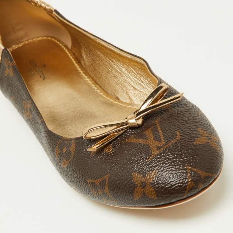 Pre Owned Louis Vuitton Gold/Brown Leather and Monogram Canvas Joy Ballet Flats Size 38