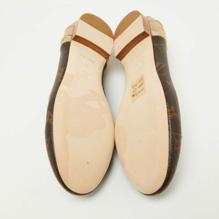Pre Owned Louis Vuitton Gold/Brown Leather and Monogram Canvas Joy Ballet Flats Size 38