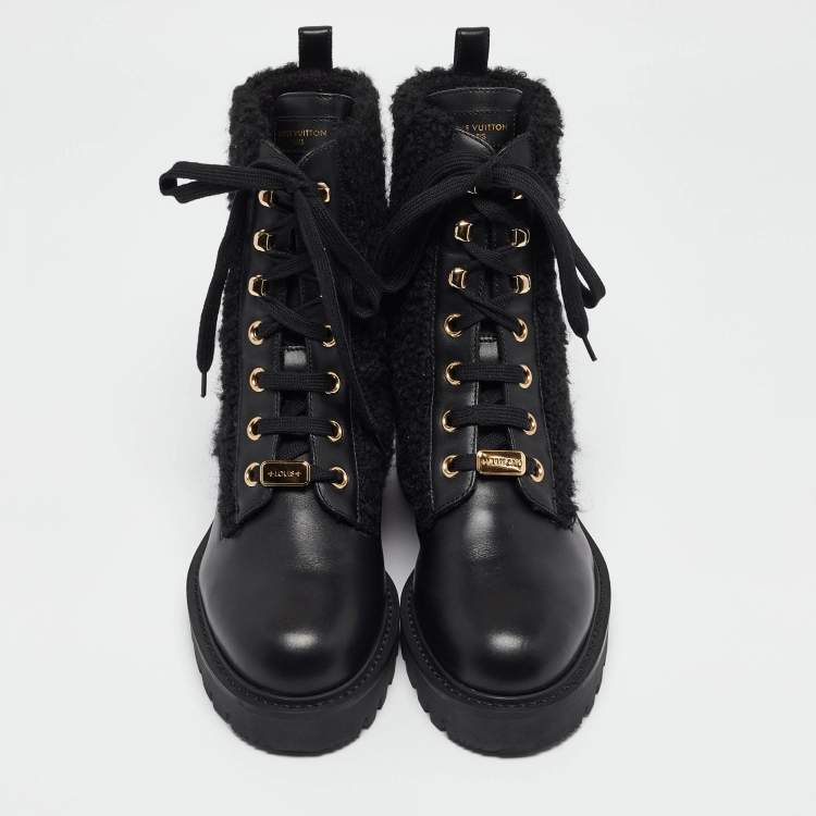 Pre Owned Louis Vuitton Black Leather and Shearling Fur Territory Ranger Boots Size 38