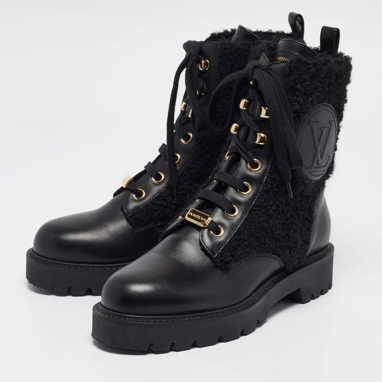 Pre Owned Louis Vuitton Black Leather and Shearling Fur Territory Ranger Boots Size 38