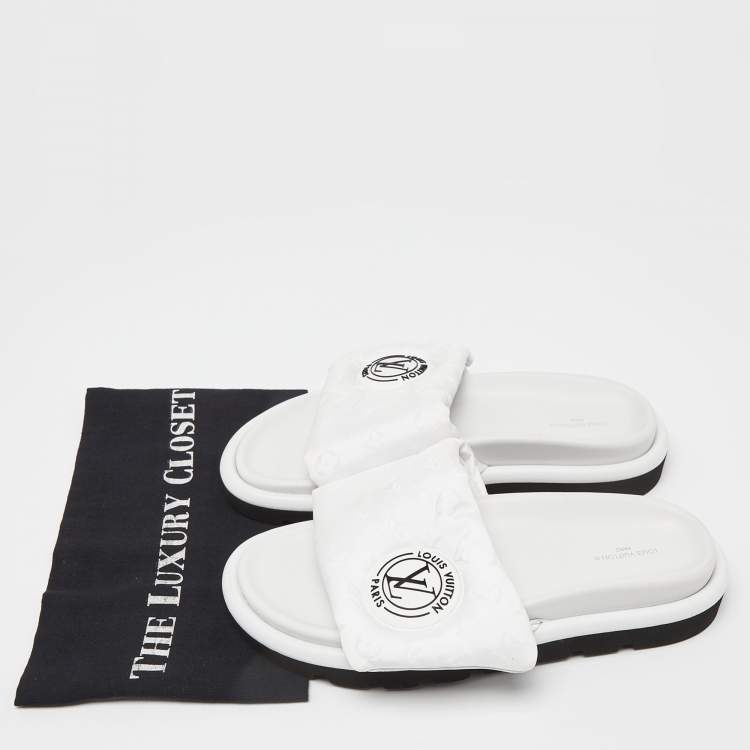 Pre Owned Louis Vuitton White Leather Velcro Flat Slides Size 40